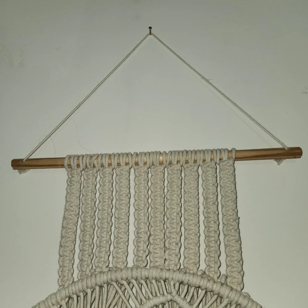 Large Boho Macrame Wall Hanging Mirror Cream Cotton Fringe 20x58 Wood Bead Decor